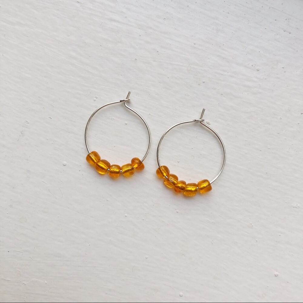 Orange handmade beaded silver hoop earrings 20mm